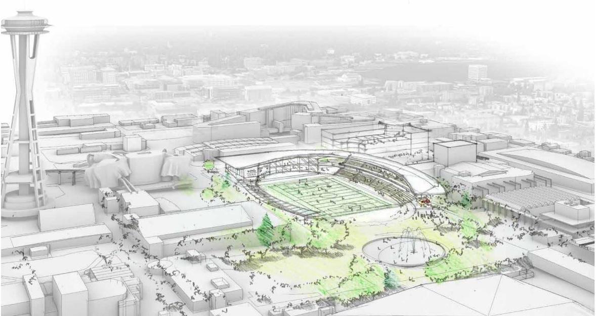 现有西雅图中心的黑色和灰色的图纸，纪念体育场的区域呈现为一个设计概念，围绕着看台和体育场附近的喷泉开放