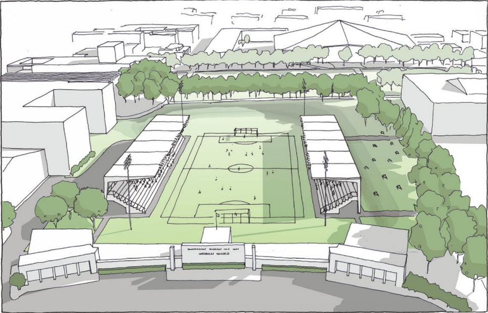 建筑师绘制的大型绿色运动场的平面图，两侧有带顶棚的座位，场地面积更大，有树木和封闭式入口