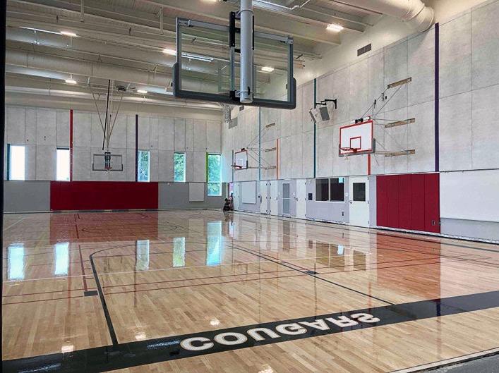 一个空无一人的体育馆，里面有篮球圈，地板上有条纹，地板上有美洲狮的字样