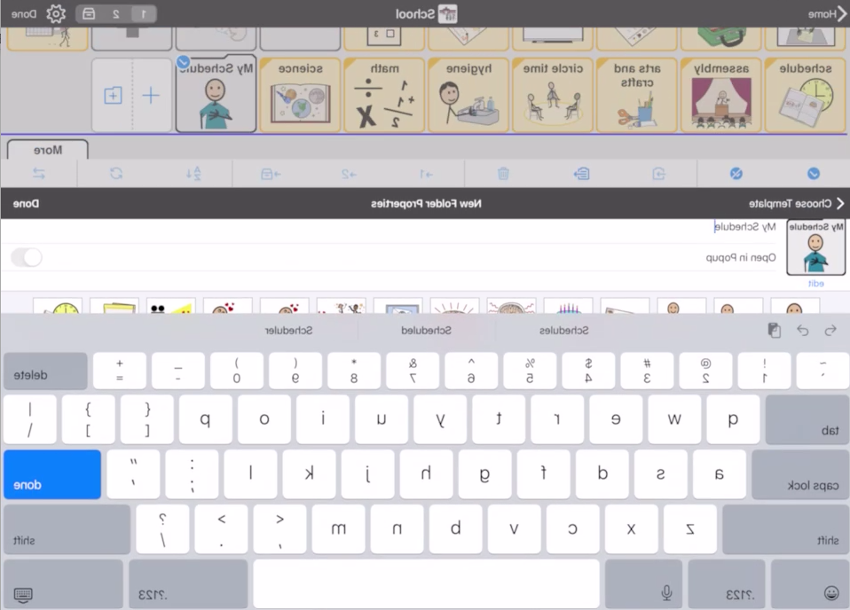 Screen shot of Proloquo2Go showing typing name for new folder