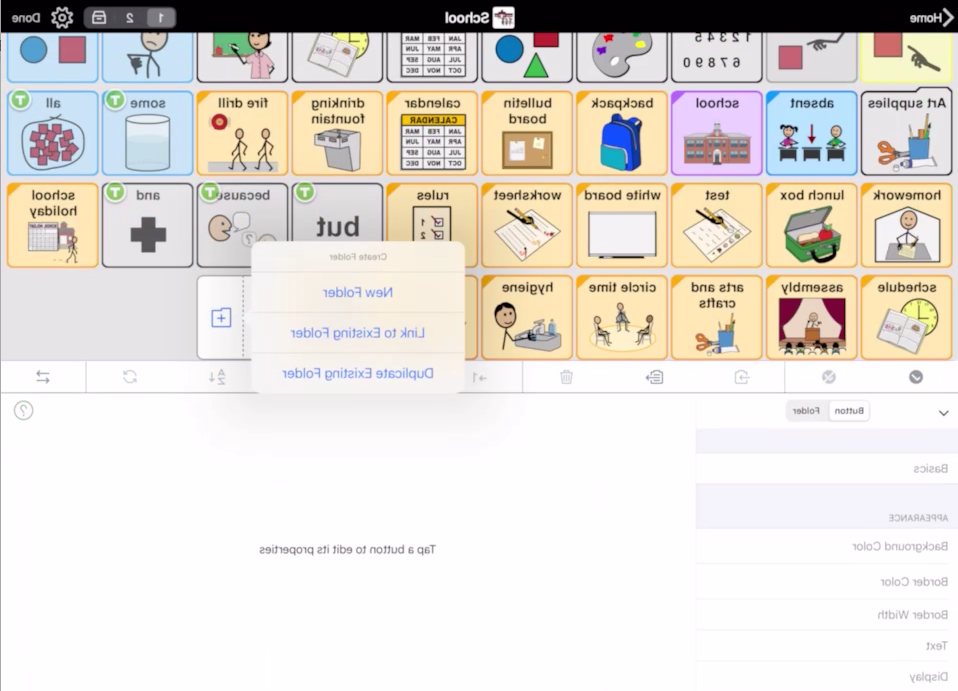 Screen short of Proloquo2Go showing the choices for adding a new folder in edit mode