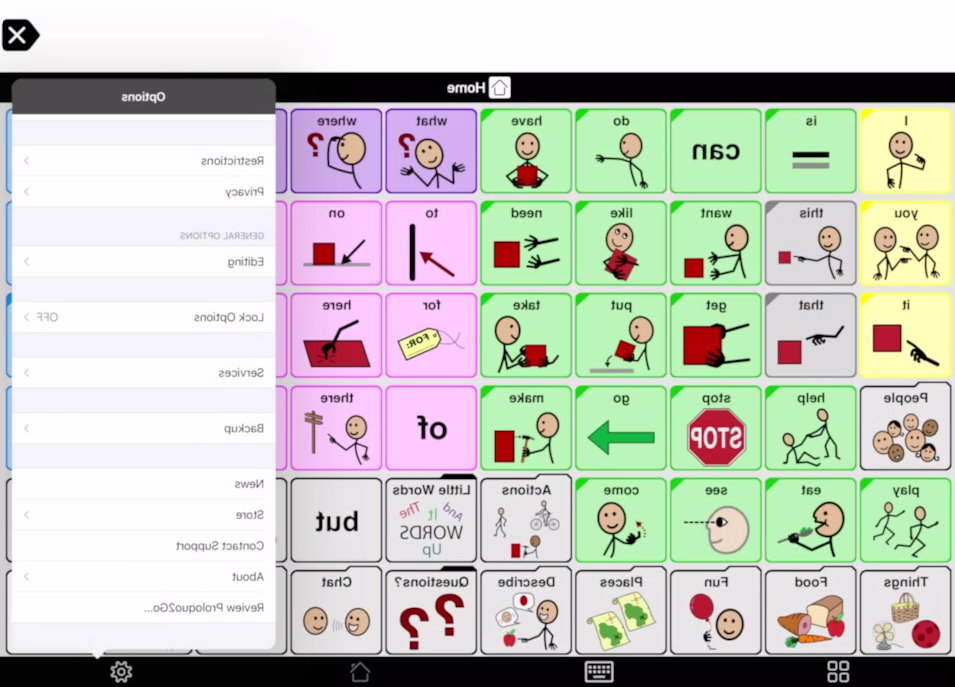 Screen shot of Proloquo2Go showing Options menu